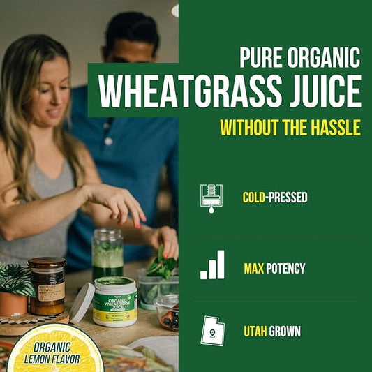 Organic Wheatgrass Juice Powder - Organically Grown in Volcanic Soil of Utah - Raw & BioActive Form, Cold-Pressed Then CO2 Dried, 20:1 Super Concentrate - Lemon (6.2 oz - 60 Servings)
