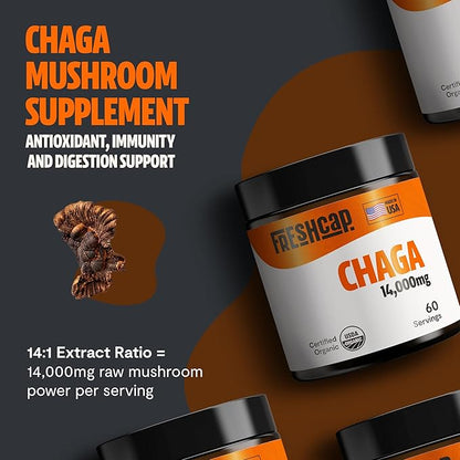 FreshCap Chaga Mushrooms Powder 14,000mg - Chaga Mushroom Powder, Chaga Mushrooms, Mushroom Supplement Powder Antioxidants Supplement Mushroom Extract, Ayurveda Nootropic Immune Support (60 Servings)