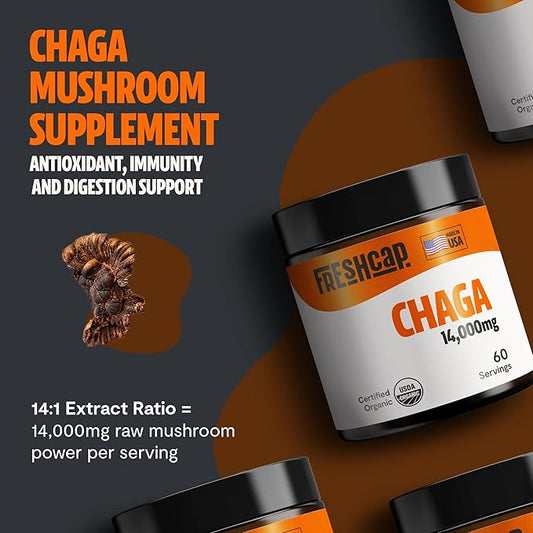 FreshCap Chaga Mushrooms Powder 14,000mg - Chaga Mushroom Powder, Chaga Mushrooms, Mushroom Supplement Powder Antioxidants Supplement Mushroom Extract, Ayurveda Nootropic Immune Support (60 Servings)