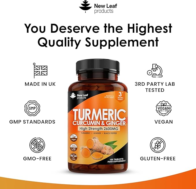 Turmeric Tablets 2600mg with Black Pepper 95% Curcumin 180 and (3 Month)