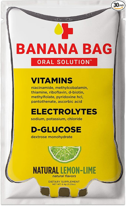 Banana Bag Oral Solution Packets – Natural Lemon Lime 30pk Pouch | A Refreshing Blend of Electrolytes, Vitamin C, and B-Complex for Daily Hydration and Energy | Perfect for Any Lifestyle.