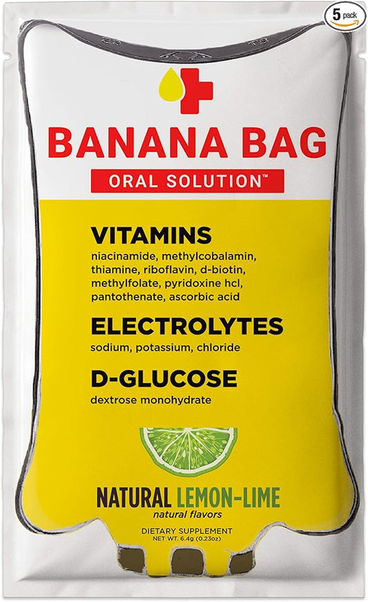 Banana Bag Oral Solution Packets – Natural Lemon Lime 5pk | A Refreshing Blend of Electrolytes, Vitamin C, and B-Complex for Daily Hydration and Energy | Perfect for Any Lifestyle.