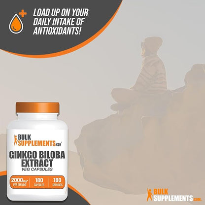 BulkSupplements.com Ginkgo Biloba Extract Capsules 2000mg, Ginkgo 1 Capsule 180 Veg