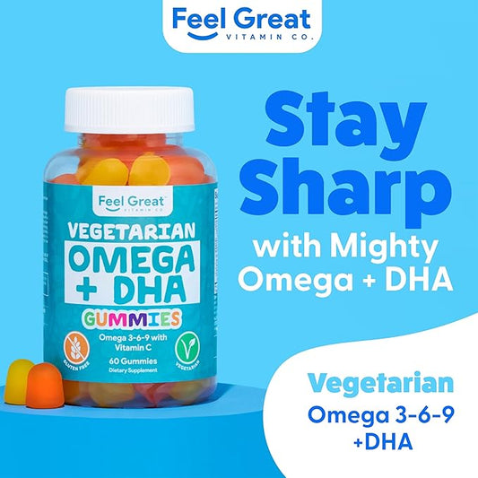 Feel Great Omega & DHA Gummies for Adults Plant Based Omega 3 Fish Oil Alternative | Vegetarian | Vitamin C, Chia, and Omega3, Supports Brain, Immune, Prenatal Functions, (60 Count)