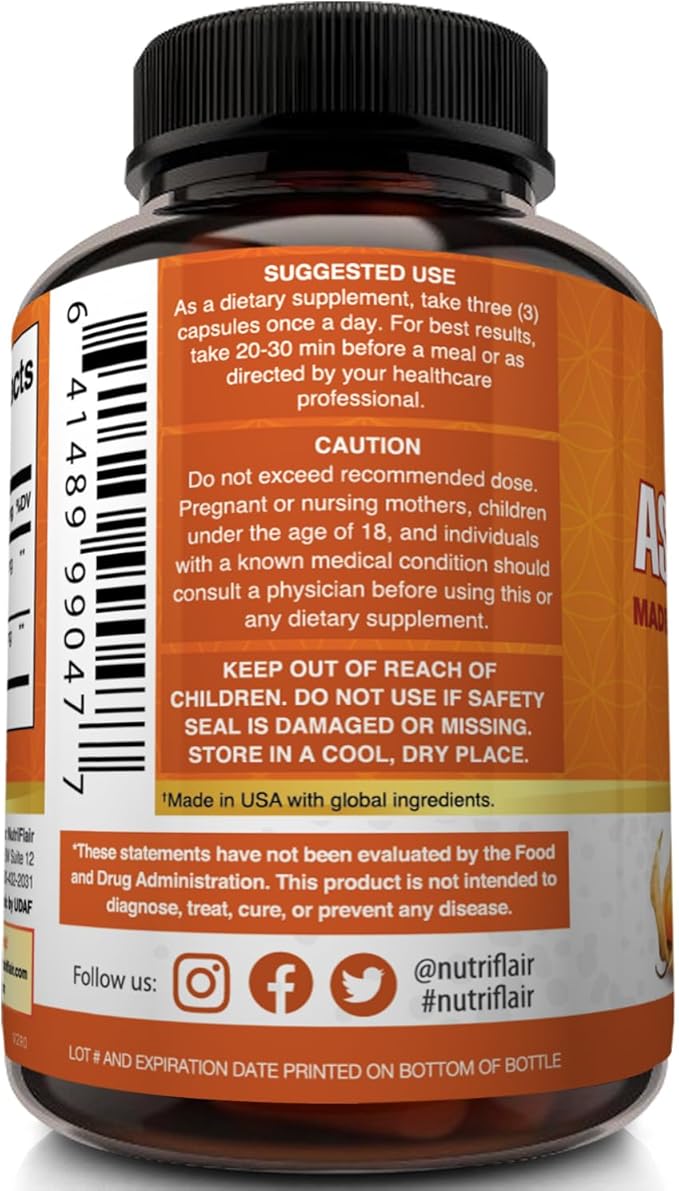 NutriFlair Organic Ashwagandha Root Extract 1950mg, 180 Capsules