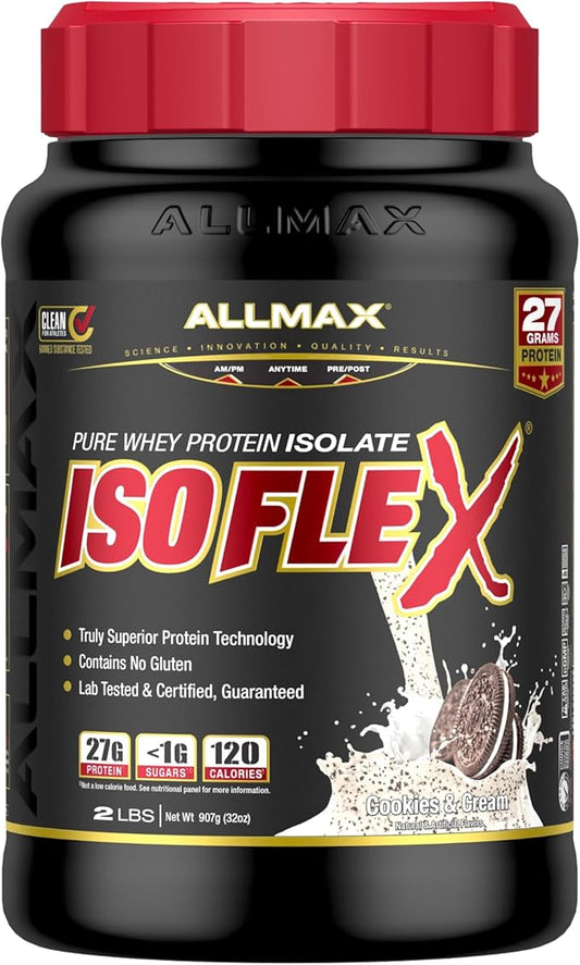 ALLMAX ISOFLEX Whey Protein Isolate, Cookies & Cream - 2 lb - 27 Grams of Protein Per Scoop - Zero Fat & Sugar - 99% Lactose Free - Gluten Free & Soy Free - Approx. 30 Servings