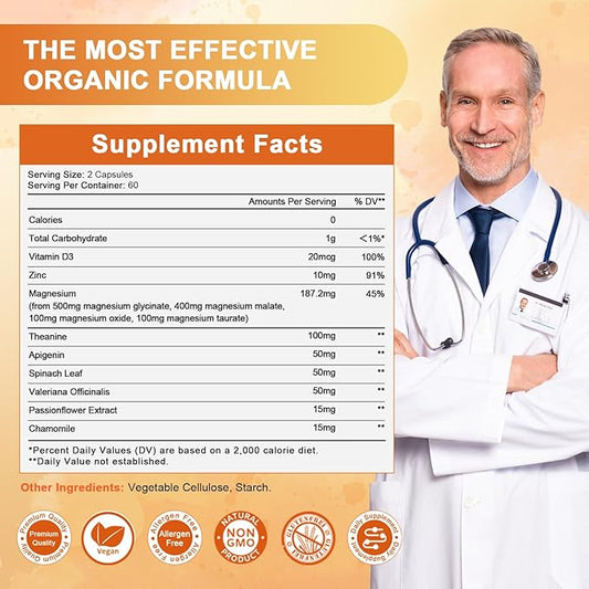 Magnesium Glycinate 500mg Capsules, with Malate, D3 | 6 Kinds 120 Capsules