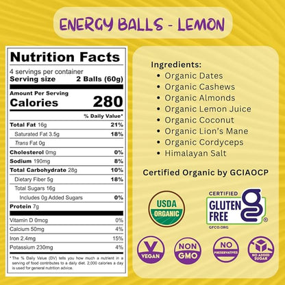 ODD BALLS Organic Energy Balls Lemon - Superfood Mushroom Snack - Running, Cycling, Hiking - Gels, Bars Alternative - Lion's Mane Focus, Cordyceps Energy - Vegan, Gluten Free Snacks for Kids & Adults