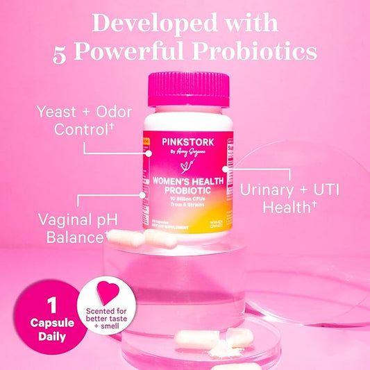 Pink Stork Women's Probiotics for Vaginal Health - 10 Billion CFUs for pH Balance, Urinary Tract, Gut Flora & Immune Health - Supports Vaginal Odor + Healthy Microbiome - 5 Strains - 30 Capsules