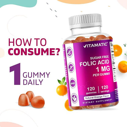 2 Pack Vitamatic Folic Acid Gummies 1000 mcg (1 mg) - an Essential Prenatal Vitamins for Mom & Baby - Vitamin B9 - 120 Vegan Gummies