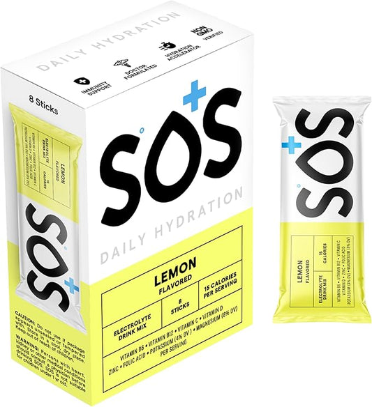 SOS Hydration Electrolyte Powder Packets, Lemon Flavor, 8 Stick Packs – Low-Calorie, Zero Sugar, Rapid Rehydration, Made in USA, Keto & Vegan Friendly