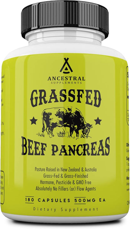 Ancestral Supplements Grass Fed Beef Pancreas 500mg, Pancreatic 180 Capsules