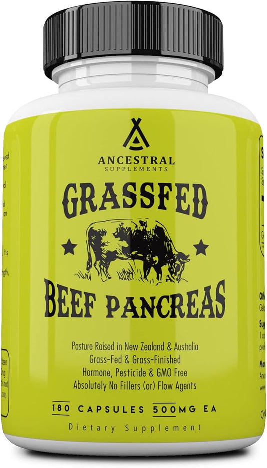 Ancestral Supplements Grass Fed Beef Pancreas 500mg, Pancreatic 180 Capsules