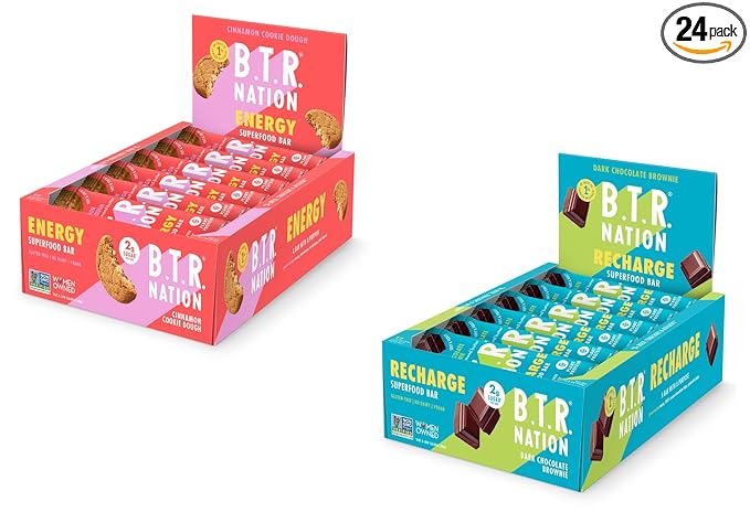B.T.R. Superfood Keto Bars, Plant Based Vegan Protein, Low Carb, Calorie, GF, No Sugar Alcohols, Boosted with Superfoods | Cinnamon Cookie Dough & Dark Chocolate Brownie 12 Pack of Each
