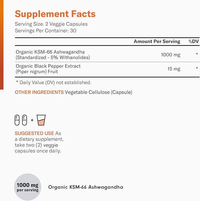KSM-66 Ashwagandha Root Powder Extract 1,000 MG KSM66 & 5% Withanolides 60 Vegan