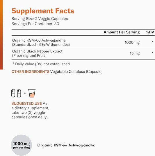 KSM-66 Ashwagandha Root Powder Extract 1,000 MG KSM66 & 5% Withanolides 60 Vegan