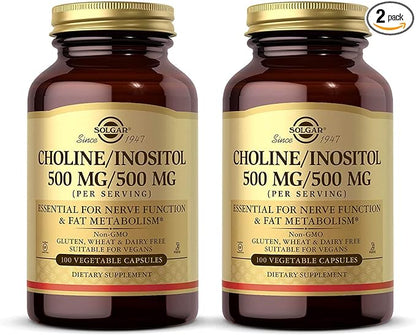 SOLGAR Choline/Inositol 500 mg/500 mg - 100 Vegetable Capsules, Pack of 2 - Non-GMO, Vegan, Kosher, Gluten Free, Dairy Free - 100 Total Servings