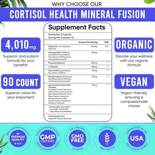 14-in-1 Cortisol Health Supplement with Ashwagandha, Magnesium Glycinate, Rhodiola, L-Theanine, Holy Basil & More. Cortisol Supplements for Women Support Stress Management & Stamina. 90 Capsules.