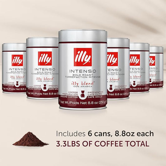 illy Drip Coffee - Ground Coffee - 100% Arabica Ground Coffee – Intenso Dark Roast - Warm Notes of Cocoa & Dried Fruit - No Preservatives – Full-Bodied – 8.8 Ounce, 6 Pack