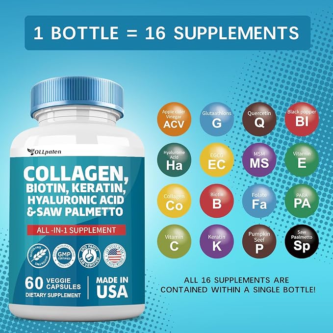 Collagen Pills 1000mg Biotin 10000mcg Keratin 2500mg Hyaluronic 60 Capsules