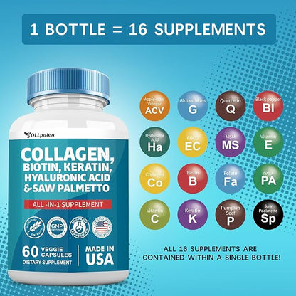Collagen Pills 1000mg Biotin 10000mcg Keratin 2500mg Hyaluronic 60 Capsules