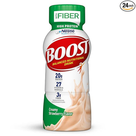 BOOST High Protein with Fiber Ready to Drink Complete Nutritional Drink, Creamy Strawberry, 8 fl oz Bottle, 24 Pack
