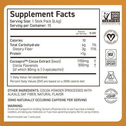 CocoaVia Cardio Health Cocoa Powder, 15 Single Serve Sticks, 500mg Cocoa Flavanols, Support Heart Health, Boost Nitric Oxide, Improve Circulation, Energy, Preworkout, Travel-Friendly, Vegan, Cacao