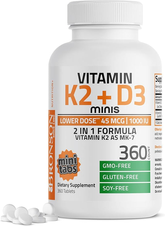 Bronson Vitamin K2 (MK7) with D3 Lower Dose 45mcg Vitamin K2 & 1000 IU Vitamin D3 Easy to Swallow Daily Maintenance 2 in 1 Formula Non-GMO, 360 Mini Tablets