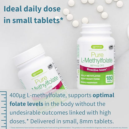 Pure Folate 400mcg, Optimized Methylfolate, Clean 180 Small