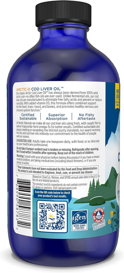 Nordic Naturals Arctic-D Cod Liver Oil, Lemon 8 oz 1060 mg Omega-3s + 1000 IU D3 - 48 Servings