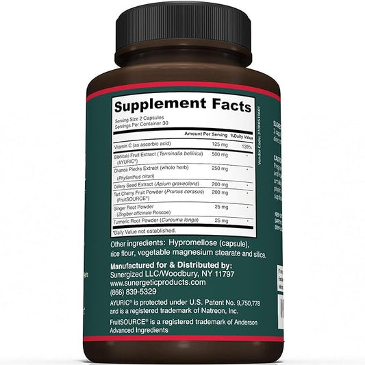 Sunergetic Premium Uric Acid Support Supplement – Uric Acid Cleanse & Kidney Support – Includes Tart Cherry, Chanca Piedra, Celery Extract & Turmeric - Uric Acid Support Formula – 60 Veggie Capsules