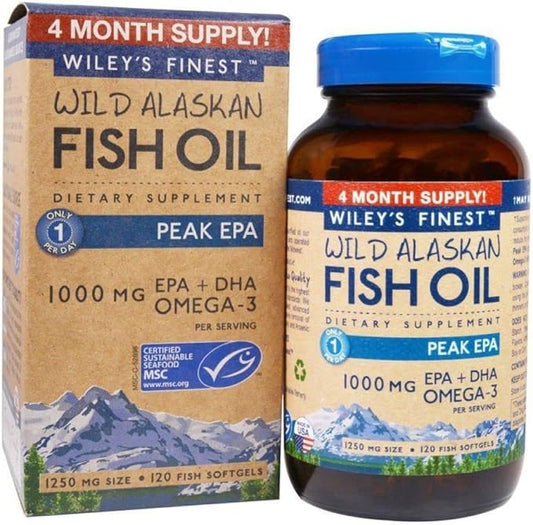Wiley's Finest Wild Alaskan Fish Oil 1000mg Omega-3s, Omega-3s, SQF-Certified 120 Softgels (120 Servings)