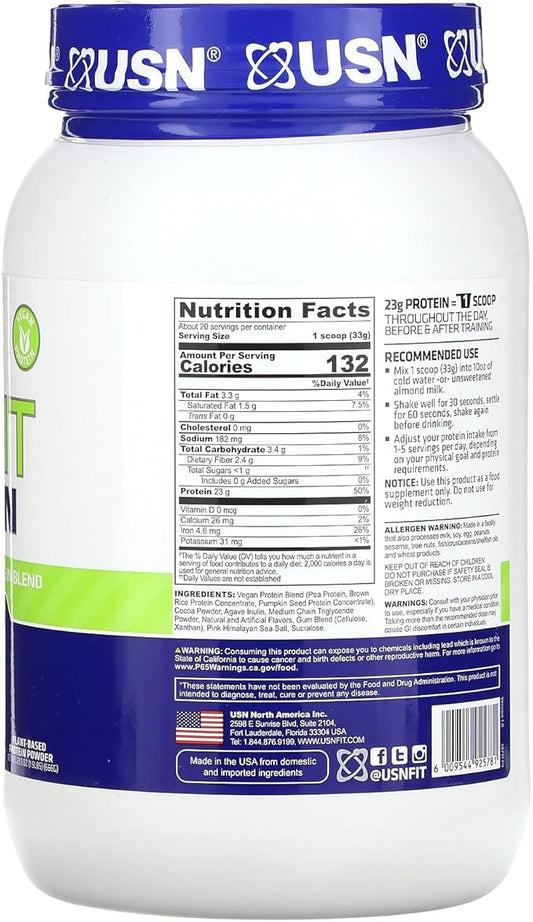 USN Nutrition Vegan Plant Protein Powder 23g Protein, 1.5lbs (Chocolate)