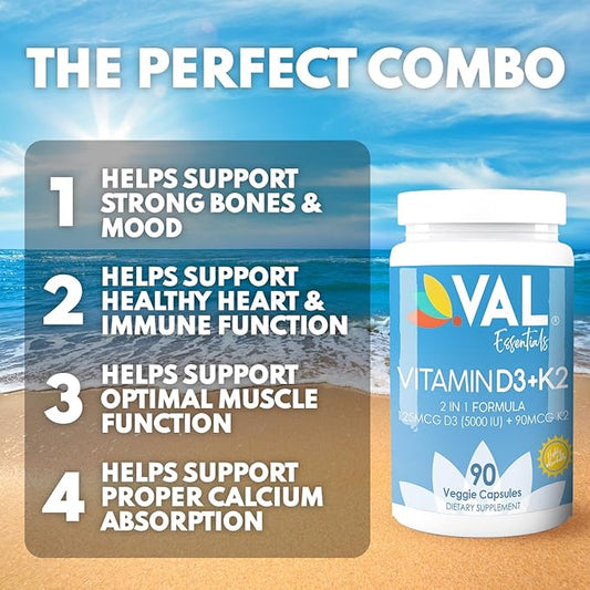VAL Essentials Vitamin K2 + D3 Supplement 5000 IU D3 & 90 mcg K2 MK-7, MK-7, Non-GMO, 90 Vegetarian