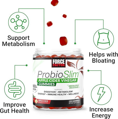 Force Factor ProbioSlim Apple Cider Vinegar Gummies with Organic , LactoSpore Probiotics and Prebiotics to Support Digestion, Metabolism, and Immune Health, 120 Count (Pack of 1)