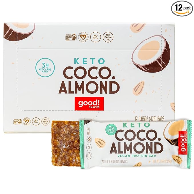 good! Snacks Keto Vegan Protein Bars, Coconut Almond, Gluten Free Keto Snack Bar, Low Carb, Low Sugar Meal Replacement, High Protein Healthy Snacks, 10g Protein, 3g Net Carbs, 12 Bars