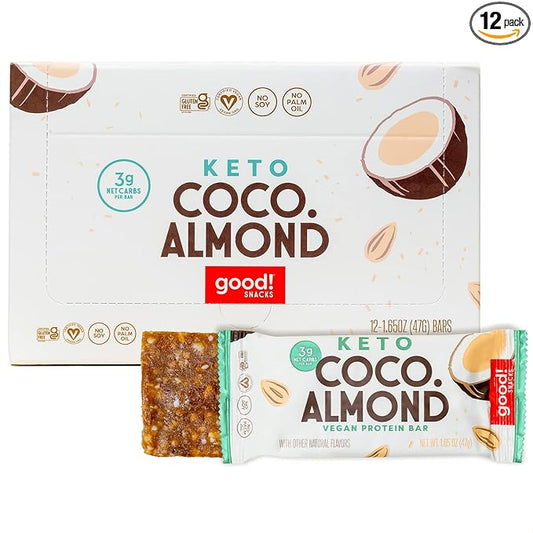 good! Snacks Keto Vegan Protein Bars, Coconut Almond, Gluten Free Keto Snack Bar, Low Carb, Low Sugar Meal Replacement, High Protein Healthy Snacks, 10g Protein, 3g Net Carbs, 12 Bars