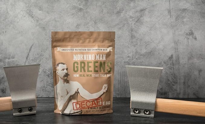 MORNING MAN Greens Powder Decaf, Probiotic Superfood Smoothie Mix with Digestive Enzymes for Gut Health, 75+ Vitamins, 43 Real Whole Foods, Gluten Free, Vegan, Caffeine Free, Non GMO, 30 Servings