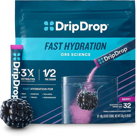 DripDrop Hydration - Berry - Electrolyte Drink Mix Single Serve Powder Packets | Non-GMO, Gluten Free, Vegan | 32 Sticks