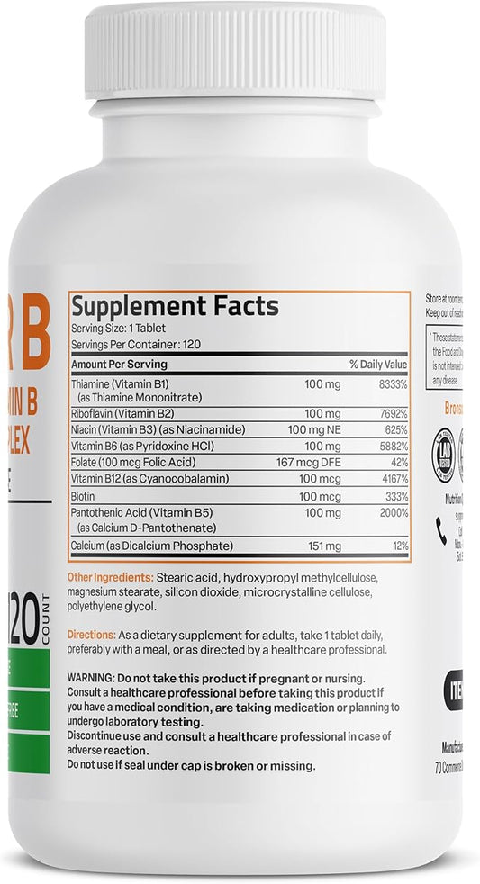 Bronson Vitamin B 100 Complex High Potency Sustained Release (Vitamin B1, B2, B3, B6, B9 - Folic Acid, B12), 120 Tablets