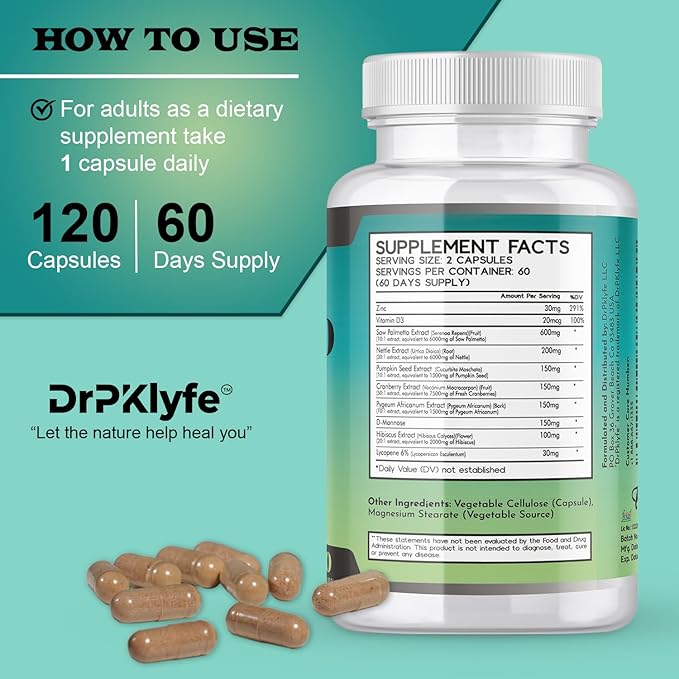 Internist Recommended, 30 yrs Exp. : Saw Palmetto, Nettle Root, Pumpkin Seed Oil, Cranberry, Pygeum Africanum,D-Mannose, Hibiscus,Lycopne: 1560 mg:Bladder, Prostate & Hair Health.