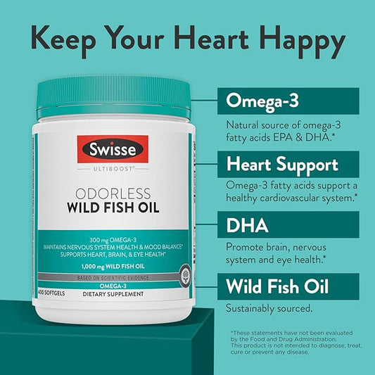 Swisse Omega 3 Fish Oil Supplement 1000mg Omega-3 DHA 400 Softgels