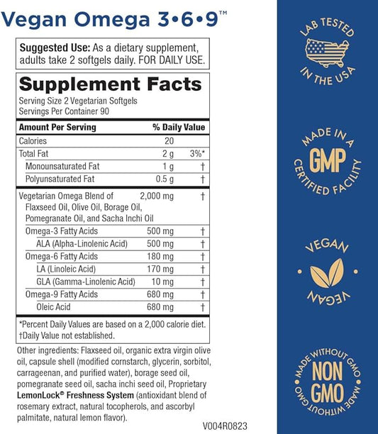 Purity Products Omega 3-6-9 Vegan Omega Formula “5 in 1” Essential 3 6 6 9 9 Essential 3 Month 180 Softgels