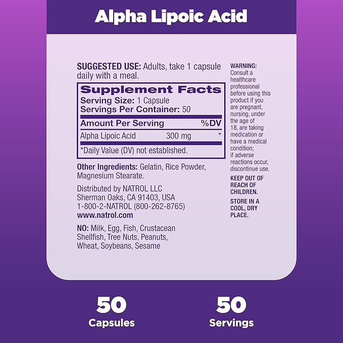 Natrol Alpha Lipoic Acid Capsules, Antioxidant 300mg, 50 50 Count