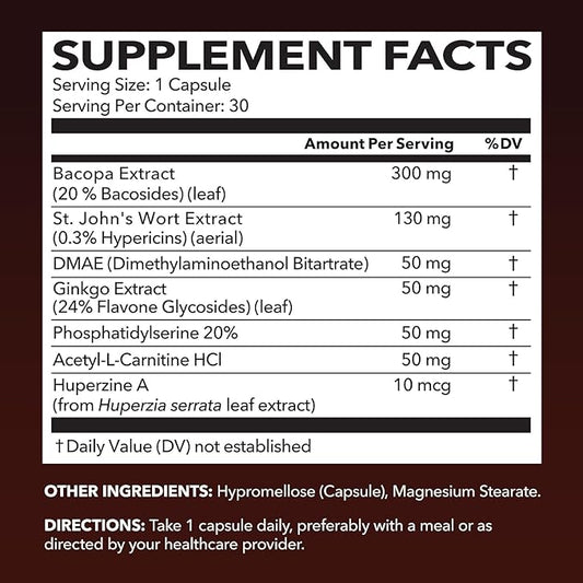 NeuroIGNITE Brain Supplement for Memory and Focus - 30 Count - Cognitive Support with St. John's Wort, Ginkgo Biloba, Bacopa, Phosphatidylserine and Nootropics - Non-GMO Capsules, 1-Month Supply