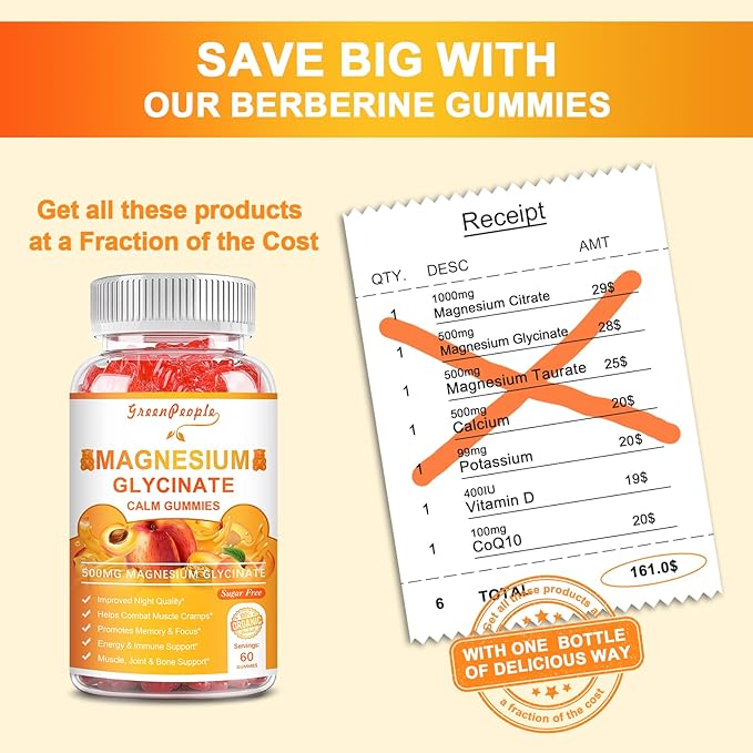 Magnesium Glycinate Gummies with Citrate 1000mg, B6, K2, K2, and 60 Peach