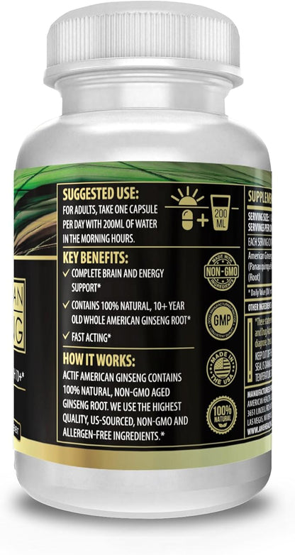 Actif American Ginseng 100% Authentic 10 Year 500mg -