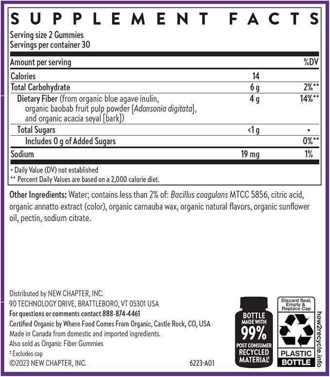 New Chapter Organic Fiber Gummies for Kids, 4g Delicious Plant-Based Prebiotic Fiber for Digestive Health, Vegan, Non-GMO, USDA Organic, Gluten Free, Citrus-Berry Flavored, 60 ct