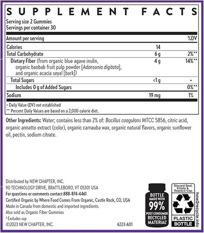 New Chapter Organic Fiber Gummies for Kids, 4g Delicious Plant-Based Prebiotic Fiber for Digestive Health, Vegan, Non-GMO, USDA Organic, Gluten Free, Citrus-Berry Flavored, 60 ct
