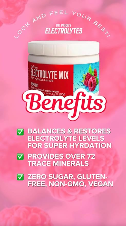 Dr. Price Electrolytes Powder No Sugar - Electrolyte Mix - Hydration Drink - Keto Electrolytes - Fasting Electrolytes - Water Enhancer, Non-GMO, Gluten Free, Sports Drink - 90 Servings - Raspberry